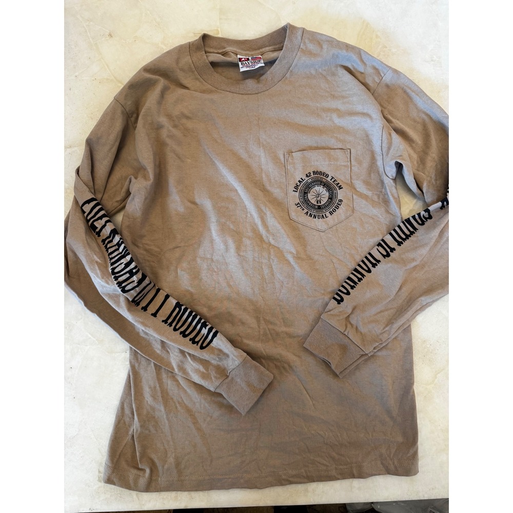Rodeo Sleeve Hit Long Sleeve Pocket T-Shirt Tan Mens L USA Made Bayside Local